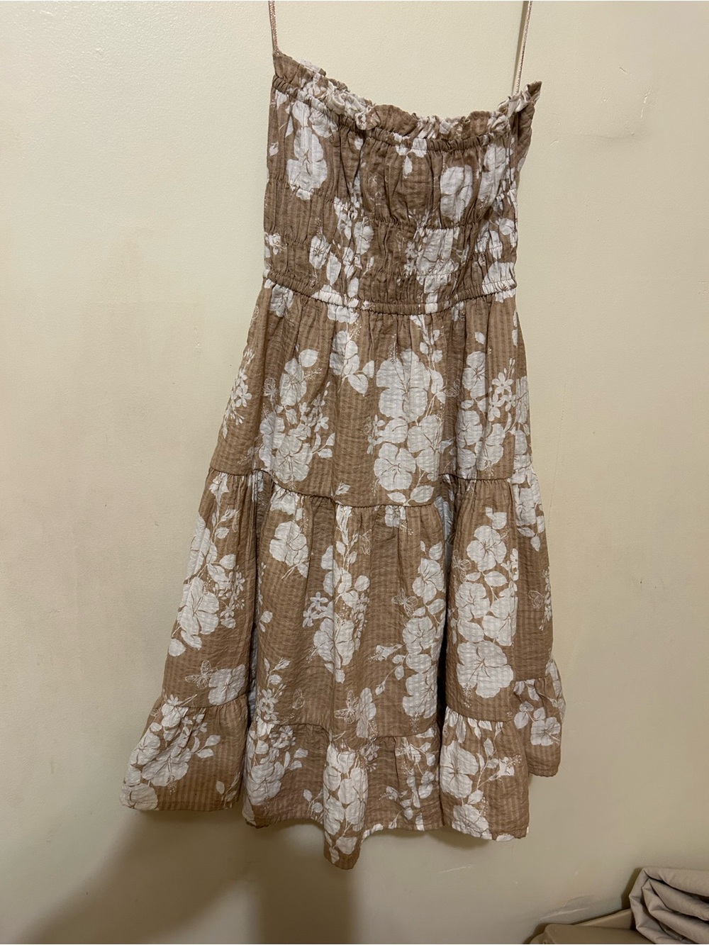 Aéropostale Floral Smocked Tank Midi Dress - Taupe & White Sz S